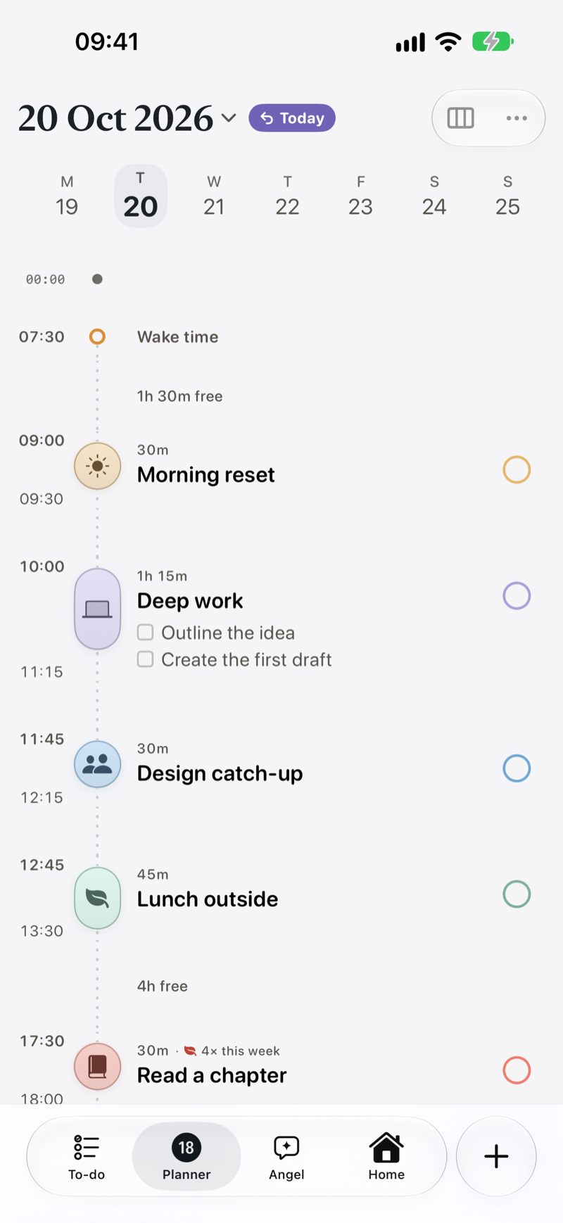 Focal's Planner for Tuesday 20 October: a time rail with beads for Morning reset at 9:00, Deep work at 10:00 with two steps, Design catch-up at 11:45, Lunch outside at 12:45 and Read a chapter at 17:30, with the free time between them labelled.