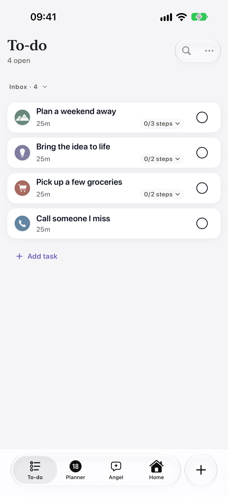 The To-do tab with four open to-dos in the Inbox: Plan a weekend away, Bring the idea to life, Pick up a few groceries and Call someone I miss, each 25 minutes with their steps.