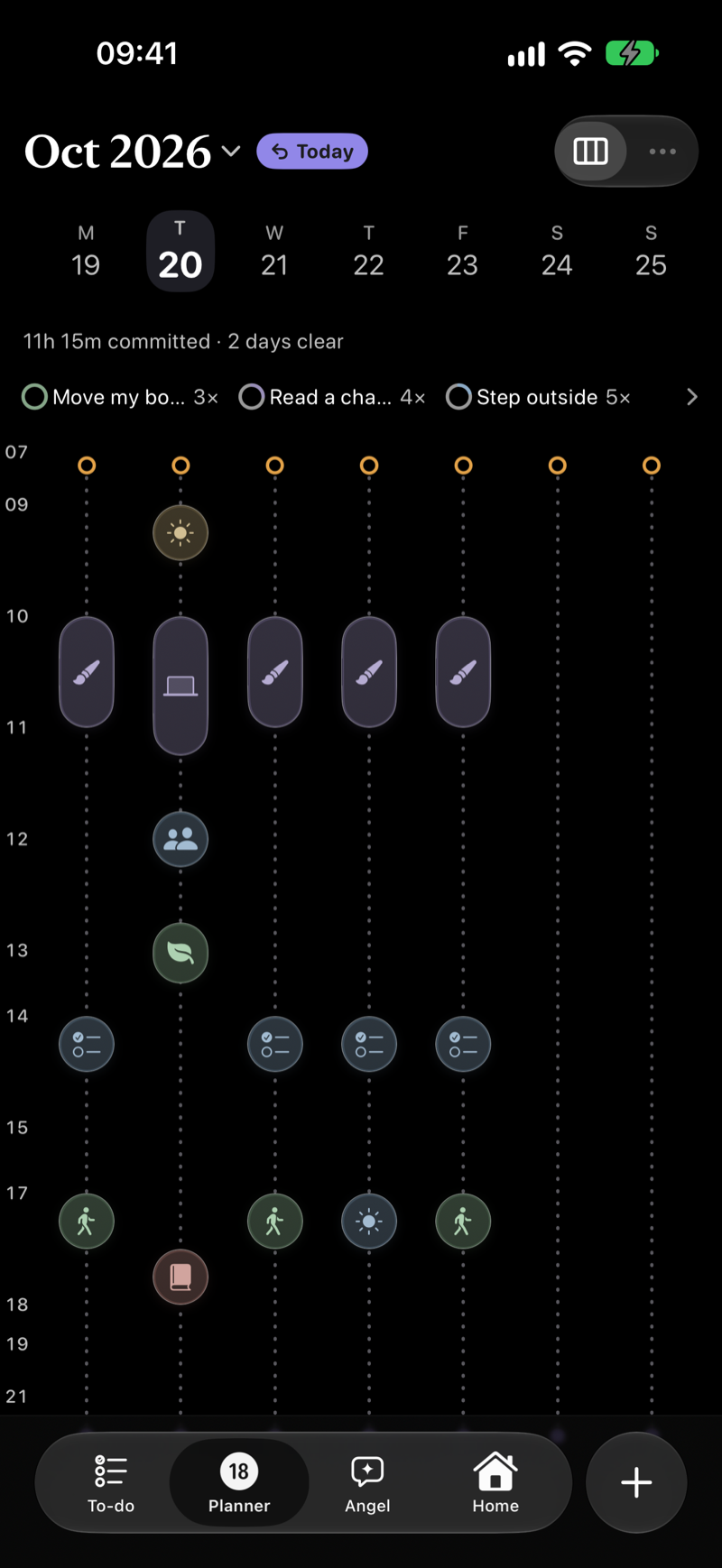 The Week view for October 2026: seven days side by side with the day's beads as small pins, a load line reading 11 hours 16 minutes committed and two days clear, and the habits line beneath it.
