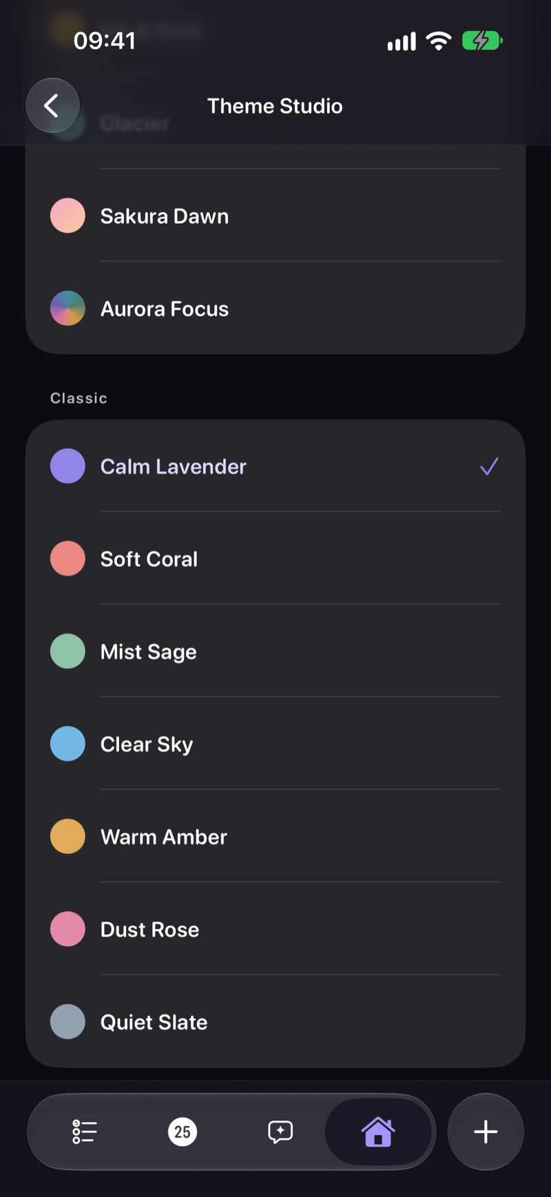 Theme Studio in dark appearance, scrolled to the Classic themes: Calm Lavender selected, then Soft Coral, Mist Sage, Clear Sky, Warm Amber, Dust Rose and Quiet Slate, with Sakura Dawn and Aurora Focus above them.