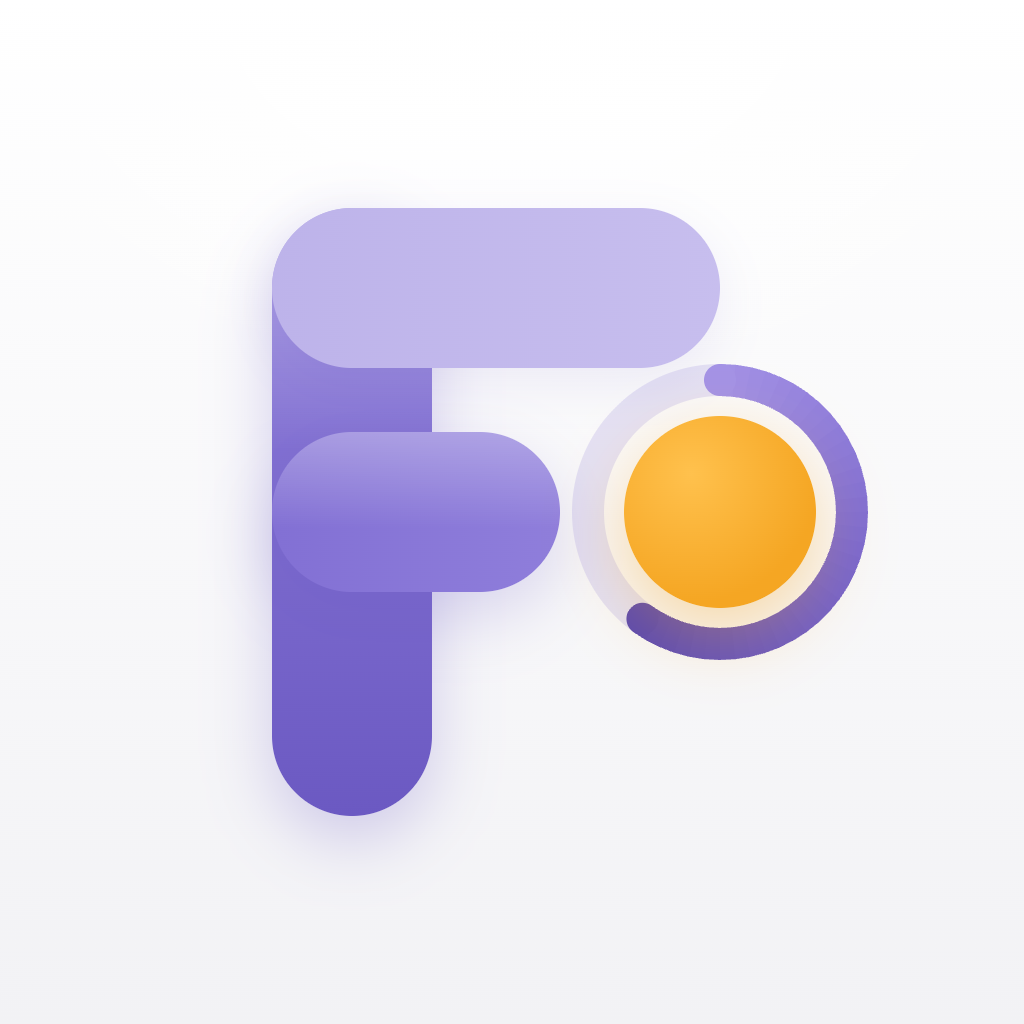 The Focal icon on a light ground: a lavender F whose top bar fades, with an amber dot inside a lavender progress ring